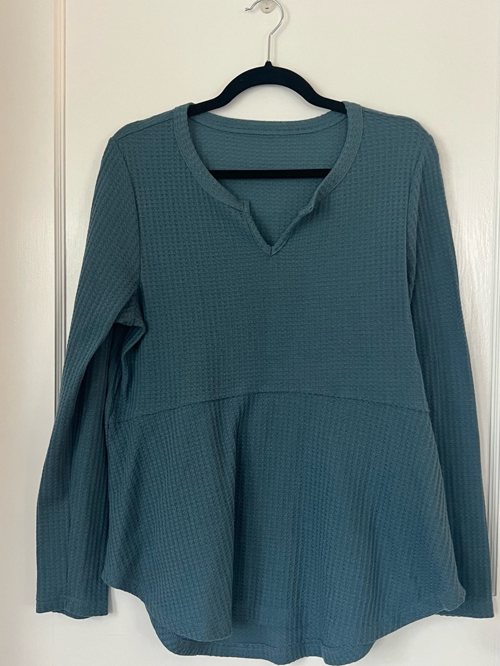 Women's Blue Long Sleeve Waffle Knit Peplum Top